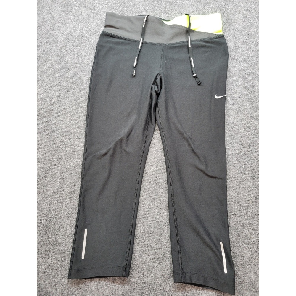 Nike Dri-FIT Running Capri Leggings Black Neon Yellow Waistband Womens Small